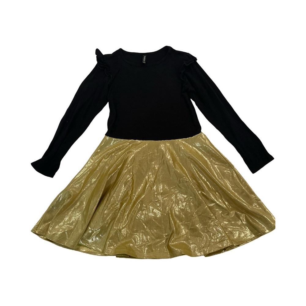 EUC Pixie Lane Girls Size 8 Black/Gold Lame L/S Skater Dress